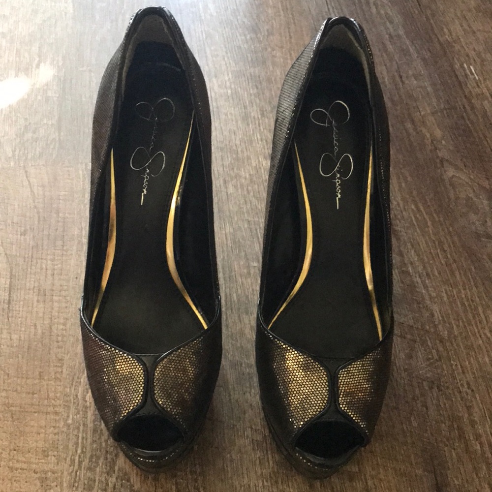 Jessica Simpson Tarnish Gold Studio 54 high heels